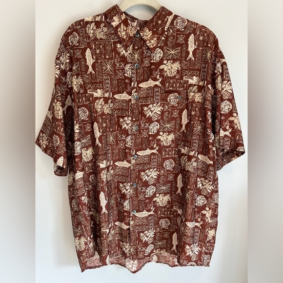 PORCINI Silk Blend Fish Print Short Sleeve Button Down Hawaiian Shirt Large - Picture 1 of 13